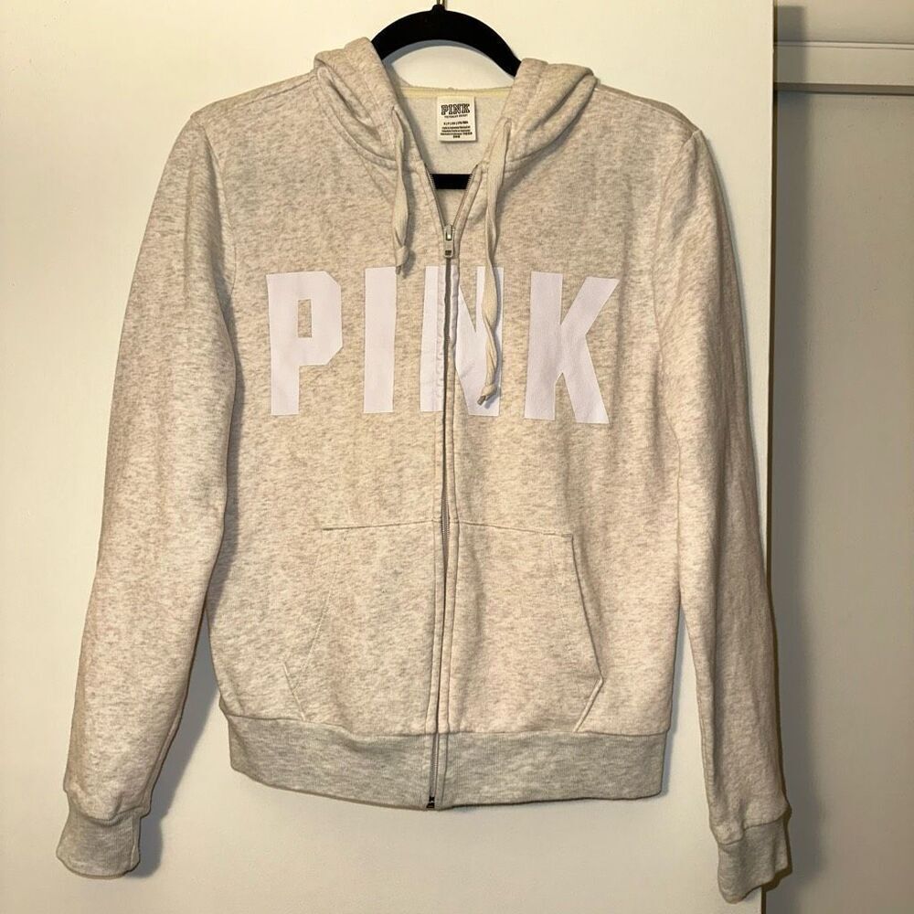 VS PINK Heathered Oatmeal White Graphic Full Zip Hoodie Small EUC